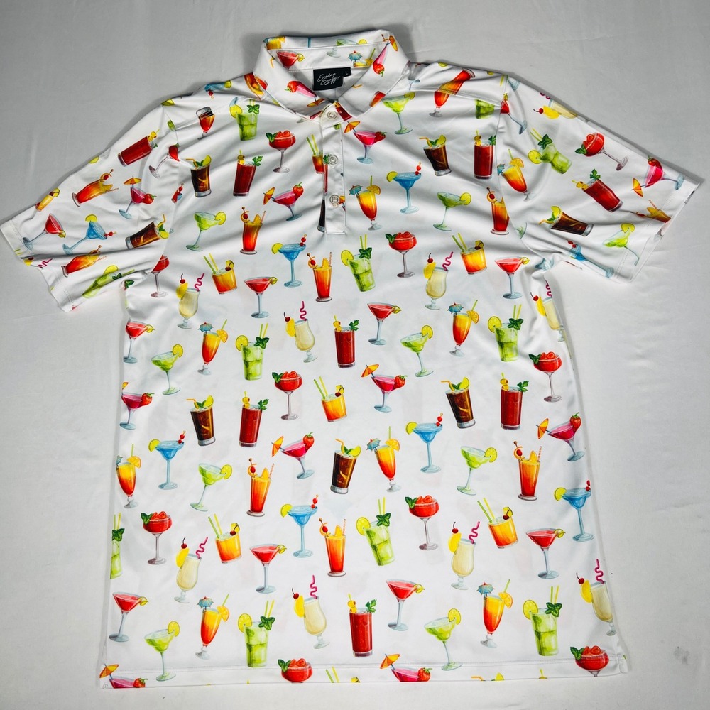 Sunday Swagger Men Large Cocktail Drink Print Golf Polo Shirt White Short Sleeve